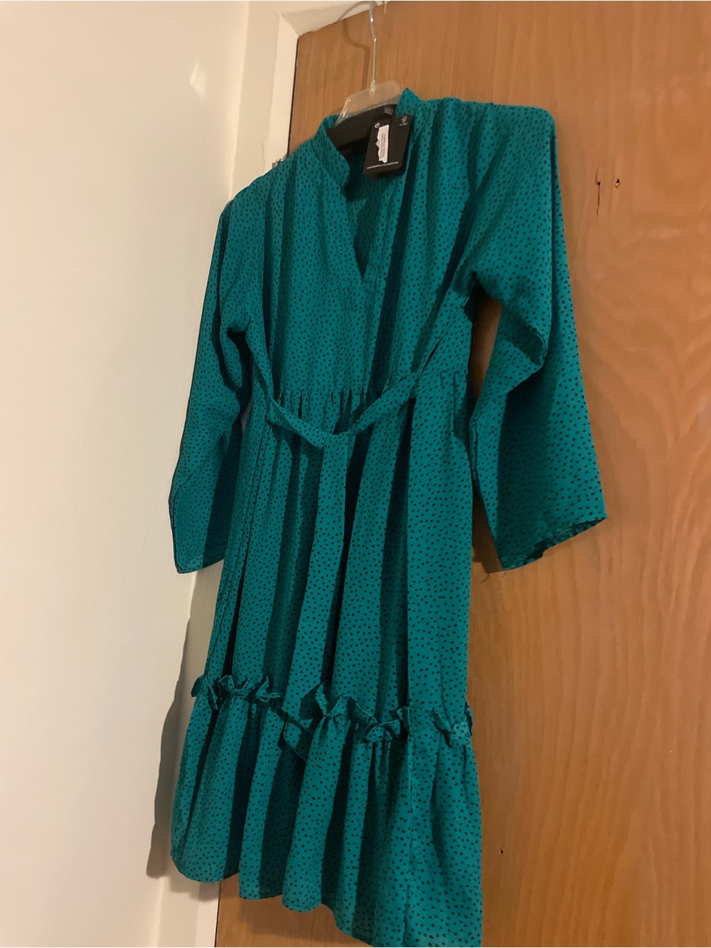 Teal Polka Dot Midi Dress with Ruffle Hem